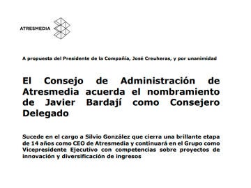El Consejo de Administración de Atresmedia acuerda el nombramiento de Javier Bardají como Consejero Delegado